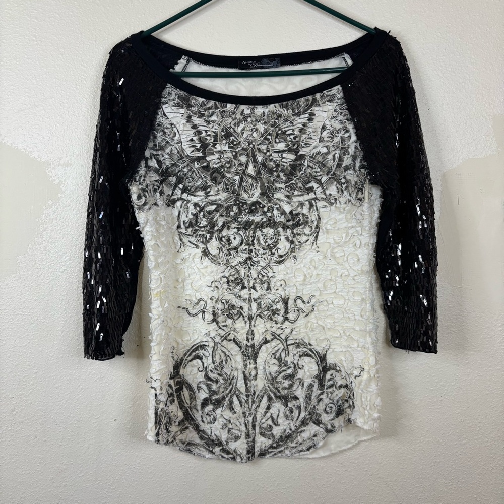 Angels & Diamonds Buckle Sequin Shirt Black White Sz Small Grunge Textured Glam